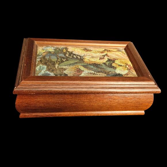 Vintage Wooden Jewelry Box Floral Needlepoint Lid Mirror Lined Compartments - Picture 1 of 6